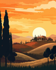 Poster - Vector illustration of Italian countryside background. Generative AI image