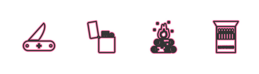 Sticker - Set line Swiss army knife, Campfire, Lighter and Open matchbox and matches icon. Vector