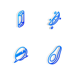 Wall Mural - Set Isometric line Sliced lime, Burrito, Hola and Avocado fruit icon. Vector