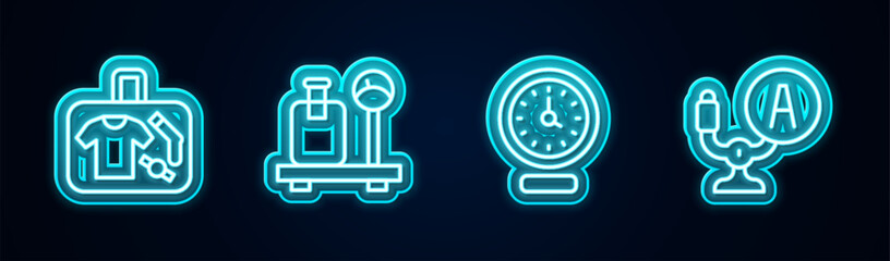 Poster - Set line Suitcase, Scale with suitcase, Clock and Aircraft steering helm. Glowing neon icon. Vector