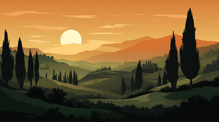 Poster - Vector illustration of Italian countryside background. Generative AI image