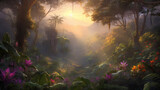 Fototapeta Na ścianę - A breathtaking tropical jungle bathed in glow of dawn. Generative AI image