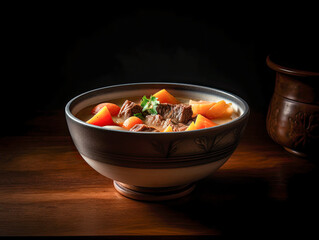 Close up of a white bowl of tasty nigerian red beef stew containing cow skin meat Nigerian kpomo Generative AI