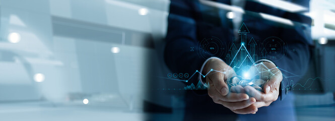 Poster - Business development to success and growth of banking and financial on global network. Businessman hold coins arrow pointing up on graph corporate future growth strategy and plan on network structure