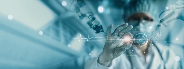 Fototapete - .Healthcare technology, Medical revolution and the advance of technology Artificial Intelligence, AI Deep Learning for Medical Research, Transformation of innovation and technology for future Health.