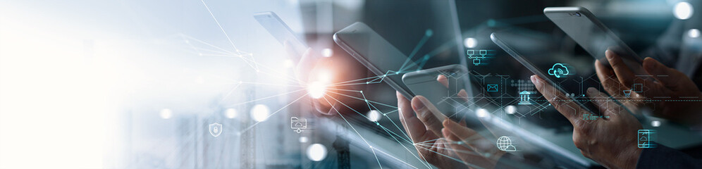 Leinwandbilder - New age people use smart phones to communicate on global networks connection, including business, finance, banking shopping online and social media,Technology, innovative and communication concept.