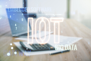 Poster - Abstract virtual IOT hologram on calculator and laptop background. Multiexposure