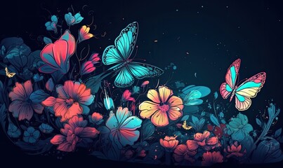 The vibrant colors of the flowers and butterflies against the blue background Creating using generative AI tools