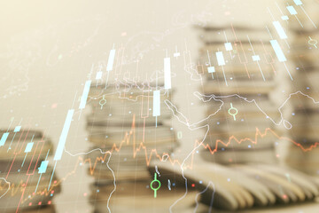 Poster - Double exposure of abstract creative financial chart hologram and world map on growing stacks of coins background, research and strategy concept