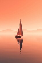 A Sailboat With A Red Sunset. Ai Generated