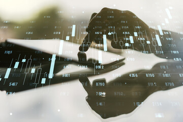 Aufkleber - Multi exposure of stats data illustration with finger presses on a digital tablet on background, computing and analytics concept