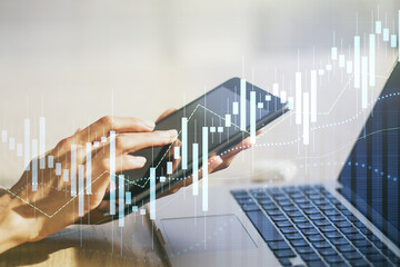 Poster - Double exposure of abstract creative financial chart with finger clicks on a digital tablet on background, research and strategy concept
