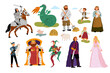 Medieval characters. Cartoon people in fabulous costumes. Funny inhabitants of fairytale kingdom. King with crown. Ancient farmers family. Princess and dragon. Garish vector fantasy set