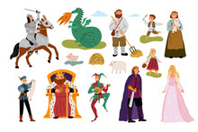 Medieval Characters. Cartoon People In Fabulous Costumes. Funny Inhabitants Of Fairytale Kingdom. King With Crown. Ancient Farmers Family. Princess And Dragon. Garish Vector Fantasy Set