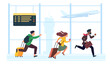 © VectorBum - People are late for plane, men and women with baggage running through airport building. Travelers carrying with luggage and tickets. Landing airplane cartoon flat isolated vector concept