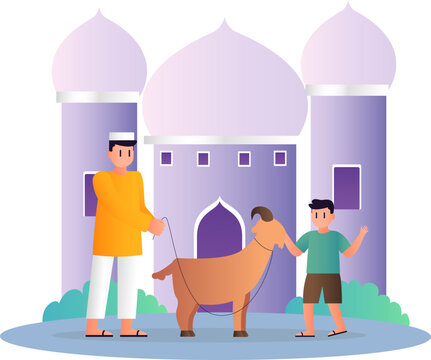 islamic design illustration concept for Happy eid al adha or sacrifice celebration event with people