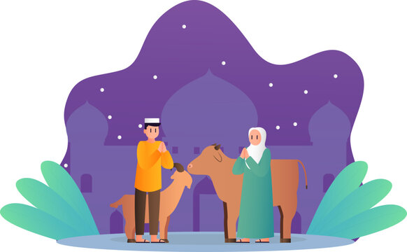 islamic design illustration concept for Happy eid al adha or sacrifice celebration event with people