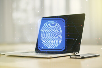 Aufkleber - Multi exposure of abstract creative fingerprint illustration on modern laptop background, digital access concept