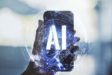 Poster - Creative artificial Intelligence symbol concept and hand with mobile phone on background. Double exposure