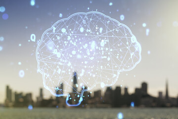 Poster - Virtual creative artificial Intelligence hologram with human brain sketch on blurry skyscrapers background. Double exposure