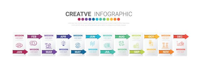  Timeline for 1 year, 12 months, infographics all month planner design and Presentation business can be used for annual report, workflow, process diagram, flow chart