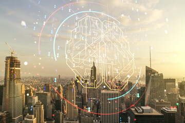 Poster - Double exposure of creative artificial Intelligence interface on New York city skyscrapers background. Neural networks and machine learning concept