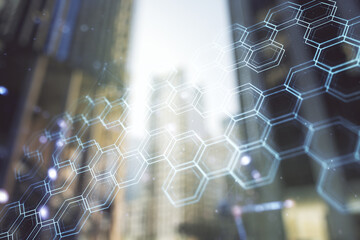 Poster - Abstract virtual wireless technology hologram with hexagon on office buildings background. Big data and database concept. Multiexposure