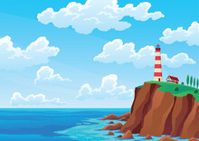 Lighthouse Sea Landscape. Nautical Navigation Tower On Rocky Coast Under Cloudy Sky. Ocean Beach With Beacon And Building On Cliff. Vector Colored Flat Cartoon Illustration Of Seascape