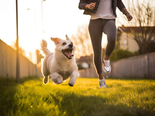 Happy pet dog and owner running on grasses during sunset. AI generated