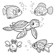 Cute cartoon exotic sea fishes,  crab and  turtle outlined for coloring page isolated on white background