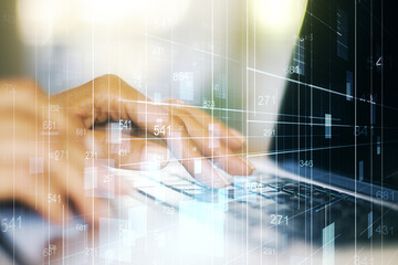 Fototapete - Abstract creative analytics data spreadsheet with hands typing on laptop on background, analytics and analysis concept. Multiexposure