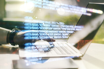 Aufkleber - Multi exposure of abstract programming language hologram with hands typing on computer keyboard on background, artificial intelligence and machine learning concept