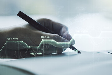 Aufkleber - Double exposure of abstract creative statistics data hologram with man hand writing in notepad on background, analytics and forecasting concept