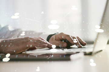 Poster - Social network media concept with hands typing on computer keyboard on background. Double exposure