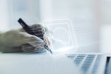 Poster - Double exposure of creative human brain microcircuit with hand writing in notepad on background with laptop. Future technology and AI concept