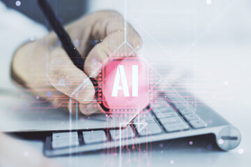 Poster - Creative artificial Intelligence symbol concept with hand writing in diary on background with laptop. Double exposure