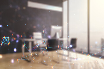 Poster - Creative concept of wireless technology and modern desktop with computer on background. Big data and database concept. Multiexposure