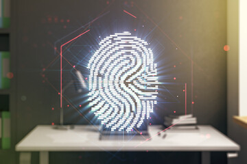 Poster - Multi exposure of abstract graphic fingerprint sketch and modern desktop with pc on background, fingerprint scan data concept