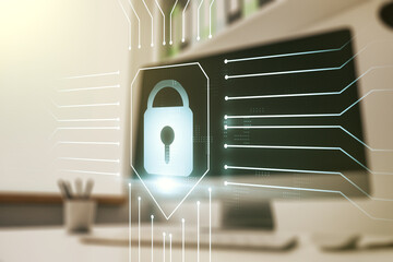Aufkleber - Creative light lock illustration with microcircuit and modern desktop with pc on background, cyber security concept. Multiexposure