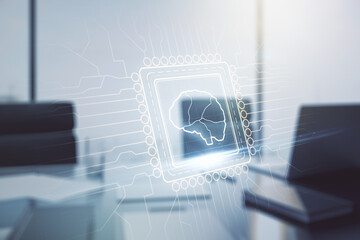 Poster - Double exposure of creative artificial Intelligence symbol and modern desktop with laptop on background. Neural networks and machine learning concept