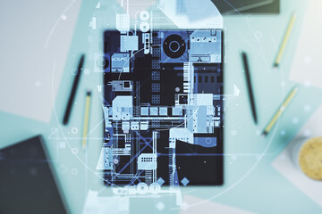 Poster - Double exposure of creative artificial Intelligence symbol and digital tablet on background, top view. Neural networks and machine learning concept