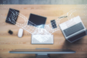 Poster - Creative abstract block chain technology sketch with handshake on modern laptop background, future technology and blockchain concept. Double exposure