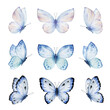 Watercolor set of bright blue hand painted butterflies. Design for the decoration of postcards, invitations, greeting cards, birthday, souvenirs, weddings.