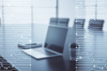 Aufkleber - Creative abstract micro chip hologram on modern computer background, artificial intelligence and machine learning concept. Multi exposure
