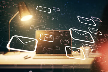 Poster - Creative abstract postal envelopes sketch on modern laptop background, e-mail and marketing concept. Double exposure
