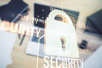 Poster - Creative light lock illustration with microcircuit on modern computer background, cyber security concept. Multiexposure