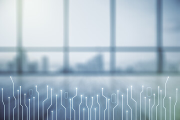 Aufkleber - Abstract virtual micro circuit sketch on empty room interior background, future technology and AI concept. Double exposure