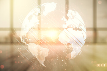 Poster - Double exposure of abstract digital world map on empty modern office background, research and strategy concept