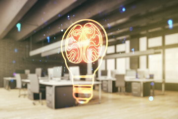 Aufkleber - Double exposure of abstract virtual creative light bulb hologram with human brain on modern corporate office background, idea and brainstorming concept