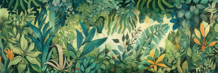 Rainforest, ecology, nature, bio-diversity background. Water color drawing of tropical rain forest. Extra wide format, hand edited generative ai based. 